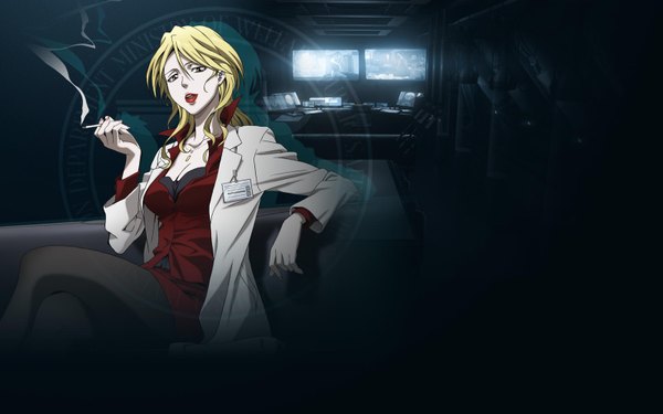 Anime picture 1600x1000 with psycho-pass production i.g shion karanomori single long hair open mouth blonde hair wide image sitting brown eyes nail polish lips smoke smoking girl pantyhose pendant cigarette room labcoat