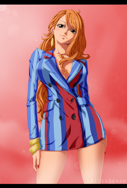 Anime picture 2000x2956 with one piece toei animation nami (one piece) aizen sowan single long hair tall image looking at viewer fringe highres breasts simple background hair between eyes standing brown eyes signed cleavage nail polish head tilt fingernails