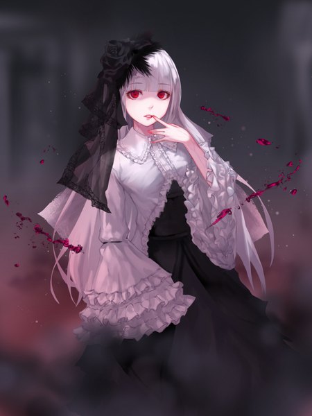 Anime picture 750x1000 with original jname single long hair tall image looking at viewer fringe red eyes white hair blunt bangs nail polish parted lips wide sleeves lipstick finger to mouth shaded face pink lipstick pink nail polish albino girl
