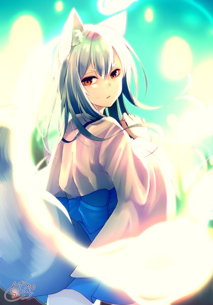 Anime picture 1400x2000 with original chita (ketchup) single long hair tall image looking at viewer fringe hair between eyes red eyes signed animal ears tail long sleeves traditional clothes parted lips japanese clothes animal tail looking back arm up grey hair