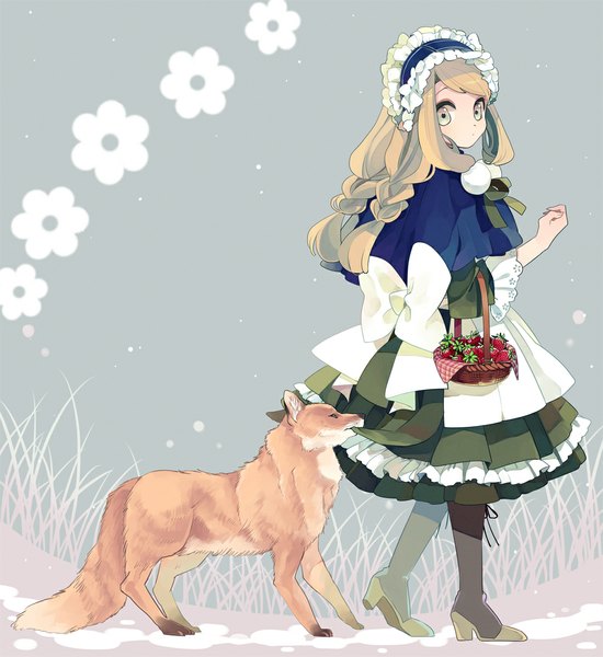 Anime picture 1000x1090 with original amezawa koma long hair tall image blonde hair yellow eyes braid (braids) grey background snowing winter snow girl plant (plants) animal food thigh boots grass bonnet berry (berries) strawberry
