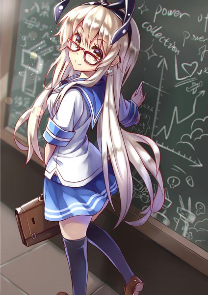Anime picture 800x1131 with kantai collection shimakaze destroyer kamiljm single long hair tall image looking at viewer fringe blonde hair smile standing holding brown eyes indoors pleated skirt zettai ryouiki back girl thighhighs skirt