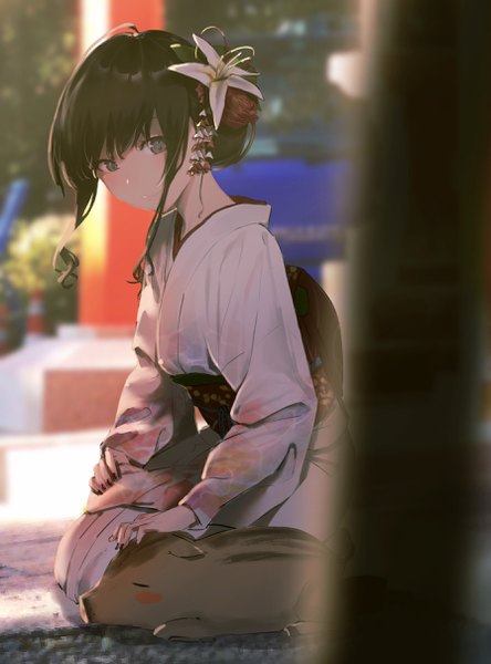 Anime picture 1790x2418 with original rolua single tall image blush fringe highres short hair black hair smile hair between eyes sitting payot outdoors traditional clothes japanese clothes hair flower blurry grey eyes hair bun (hair buns)