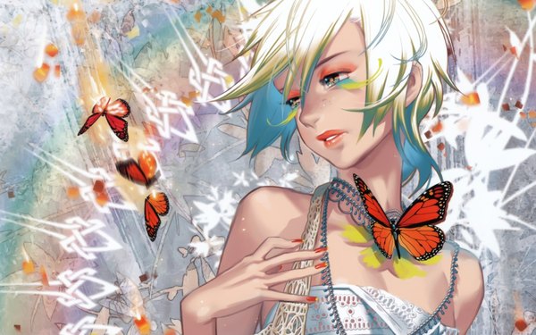 Anime picture 1920x1200 with original midori foo single highres short hair open mouth wide image bare shoulders green eyes multicolored hair multicolored eyes girl insect butterfly jewelry necklace