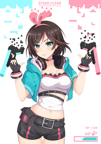 Anime picture 1412x2000 with virtual youtuber a.i. channel kizuna ai kizuna ai (a.i. games) haarken single tall image looking at viewer blush fringe short hair blue eyes brown hair standing holding multicolored hair open jacket two-tone hair midriff streaked hair