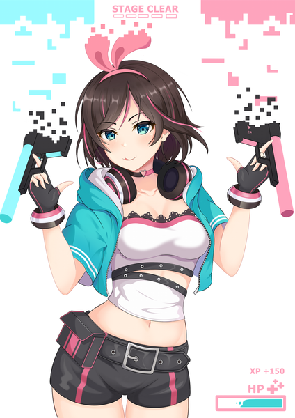 Anime-Bild 1412x2000 mit virtual youtuber a.i. channel kizuna ai kizuna ai (a.i. games) haarken single tall image looking at viewer blush fringe short hair blue eyes brown hair standing holding multicolored hair open jacket two-tone hair midriff streaked hair