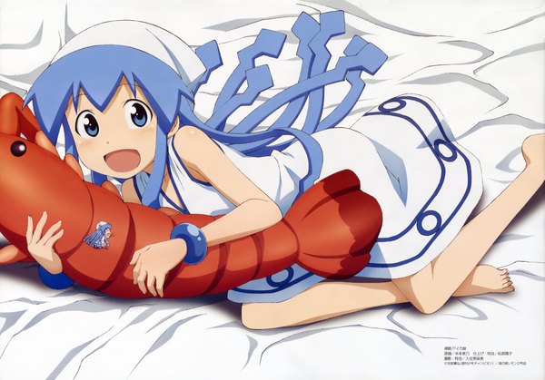 Anime picture 4201x2934 with shinryaku! ika musume ika musume single long hair highres open mouth blue eyes blue hair absurdres lying barefoot loli tentacle hair girl sundress