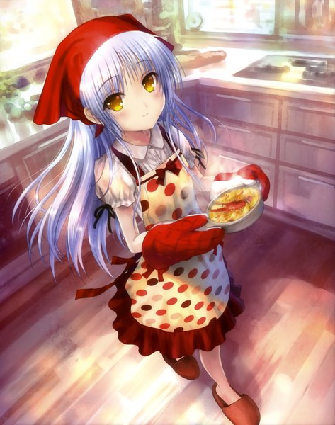 Anime picture 2547x3231 with angel beats! key (studio) tachibana kanade goto p single long hair tall image looking at viewer blush highres yellow eyes white hair barefoot official art polka dot steam cooking girl gloves food