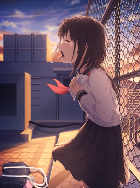 Anime picture 4472x6000 with original keis (locrian1357) single tall image blush fringe highres short hair open mouth brown hair standing absurdres sky cloud (clouds) outdoors eyes closed long sleeves profile pleated skirt teeth
