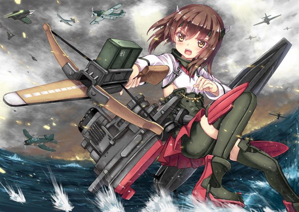 Anime picture 1366x969 with kantai collection taihou armored aircraft carrier north abyssor single long hair looking at viewer brown hair brown eyes fisheye girl water boots sea armor thigh boots aircraft airplane leggings
