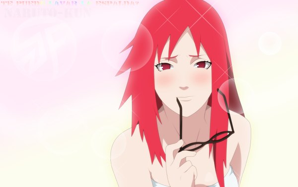 Anime picture 1920x1210 with naruto studio pierrot naruto (series) karin (naruto) stikyfinkaz-003 single long hair blush highres red eyes bare shoulders red hair close-up girl glasses