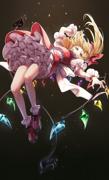 Anime picture 1856x3070 with touhou flandre scarlet torinari (dtvisu) single long hair tall image highres simple background blonde hair red eyes full body one side up black background girl weapon wings socks frills white socks crystal