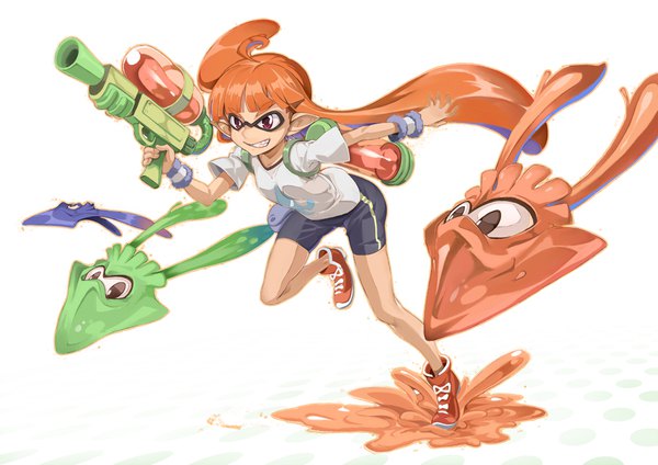 Anime picture 1000x708 with splatoon nintendo inkling miyo (13th floor) single long hair simple background red eyes white background looking away full body ahoge pointy ears orange hair girl shoes shorts sneakers wristlet bike shorts