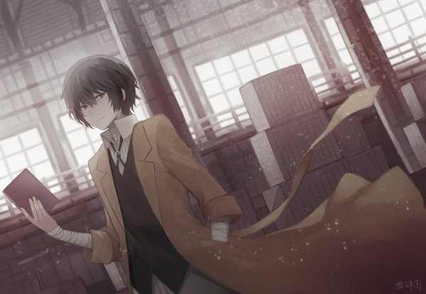 Anime picture 1157x799 with bungou stray dogs studio bones dazai osamu (bungou stray dogs) angel31424 single fringe short hair hair between eyes brown hair holding brown eyes signed payot looking away indoors light smile wind dutch angle open collar hand in pocket