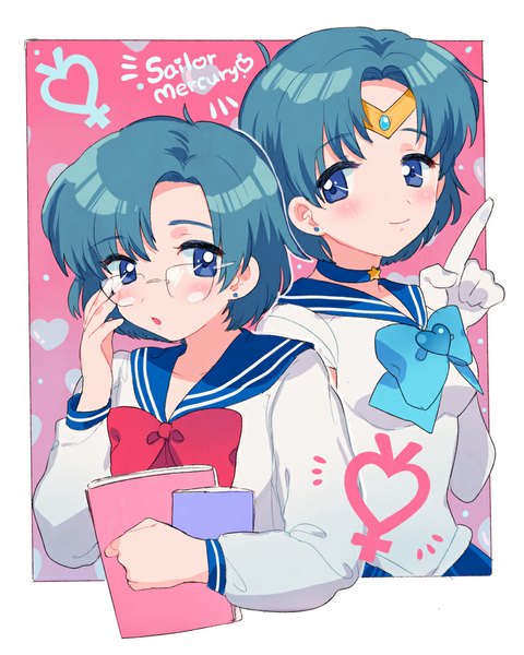 Anime picture 800x1000 with bishoujo senshi sailor moon toei animation mizuno ami sailor mercury unagi miyako tall image blush short hair open mouth blue eyes blue hair looking away light smile dual persona girl gloves uniform glasses serafuku white gloves