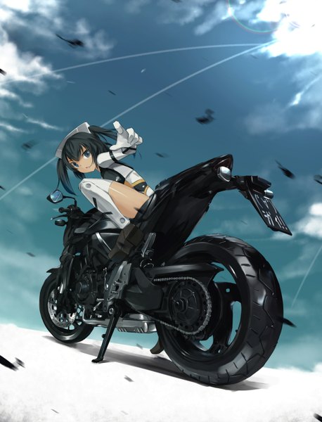 Anime picture 1144x1500 with gorilla (bun0615) single tall image looking at viewer short hair open mouth black hair sitting twintails sky cloud (clouds) sunlight short twintails pointing girl thighhighs white thighhighs motorcycle