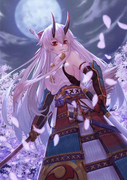 Anime picture 842x1191 with fate (series) fate/grand order tomoe gozen (fate) whitem (whiteemperor2020) single long hair tall image fringe breasts light erotic hair between eyes red eyes large breasts standing bare shoulders holding sky cloud (clouds) white hair multicolored hair