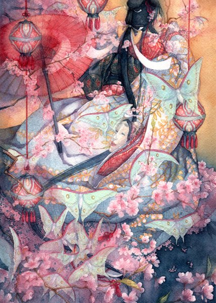 Anime picture 1426x2000 with original shuka (artist) single long hair tall image black hair japanese clothes lips mouth hold cherry blossoms traditional media watercolor (medium) girl belt kimono insect butterfly umbrella mask skull