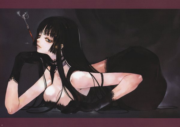 Anime picture 1600x1128 with xxxholic clamp ichihara yuuko okazaki takeshi single long hair breasts light erotic black hair bare shoulders cleavage arm support smoke reclining smoking girl gloves choker elbow gloves pipe