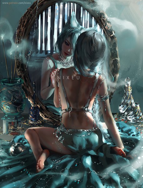 Anime picture 1143x1500 with original nixeu single long hair tall image fringe sitting signed animal ears full body bent knee (knees) indoors head tilt barefoot lips grey hair from behind hair over one eye realistic arm support