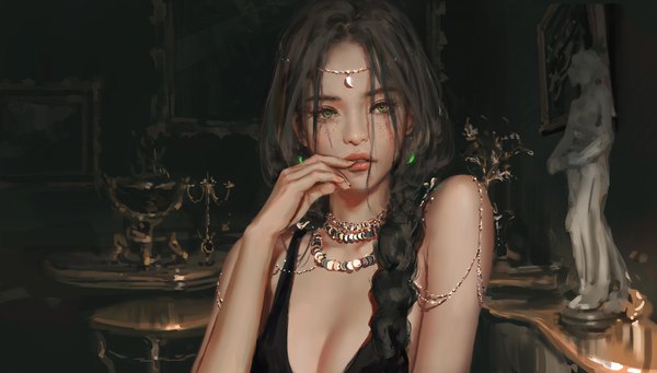 Anime picture 8800x5000 with ghost blade aeolian wlop single long hair looking at viewer highres breasts light erotic black hair wide image bare shoulders green eyes payot absurdres cleavage upper body indoors braid (braids) lips
