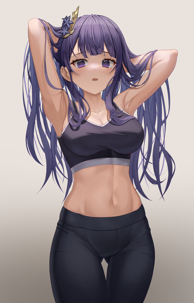Anime picture 2481x3880 with genshin impact raiden shogun monmo mu single long hair tall image looking at viewer blush fringe highres breasts open mouth simple background large breasts standing purple eyes cleavage purple hair blunt bangs mole