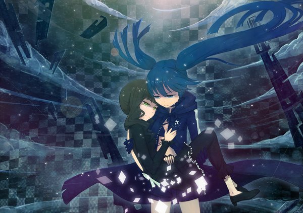 Anime picture 2000x1413 with black rock shooter black rock shooter (character) dead master hin (conqueror) long hair highres blue eyes black hair twintails multiple girls green eyes green hair checkered background destruction carrying girl 2 girls