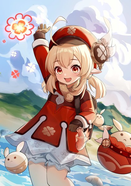 Anime picture 2894x4093 with genshin impact klee (genshin impact) dodoco (genshin impact) jumpy dumpty moonct single long hair tall image highres open mouth blonde hair red eyes twintails holding ahoge outdoors :d arm up pointy ears low twintails
