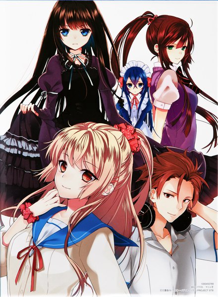 Anime picture 2392x3264 with strike the blood kirasaka sayaka aiba asagi minamiya natsuki astarte (strike the blood) yaze motoki manyako (mohumohu) long hair tall image looking at viewer fringe highres short hair breasts blue eyes black hair blonde hair simple background smile hair between eyes