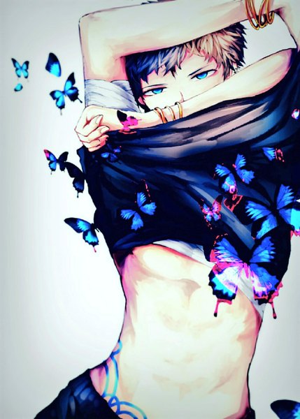 Anime picture 733x1024 with original nyakkunn single tall image looking at viewer fringe short hair blue eyes simple background brown hair blue hair upper body multicolored hair arms up two-tone hair bare belly tattoo gradient background undressing covered mouth