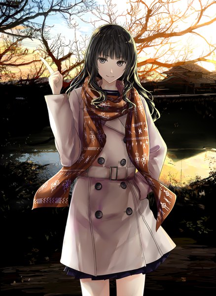 Anime picture 942x1289 with original mikipuruun no naegi single long hair tall image looking at viewer fringe black hair smile standing outdoors blunt bangs long sleeves black eyes sunlight evening sunset hand in pocket bare tree girl