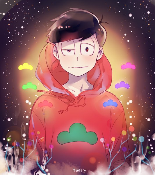 Anime picture 800x900 with osomatsu-san matsuno osomatsu mery (yangmalgage) single tall image looking at viewer short hair black hair red eyes signed upper body ahoge shaded face boy hood hoodie