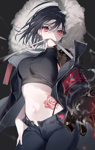 Anime picture 1044x1637 with original miwano rag single tall image looking at viewer fringe short hair breasts light erotic black hair hair between eyes red eyes standing holding open jacket midriff tattoo fur trim piercing mouth hold