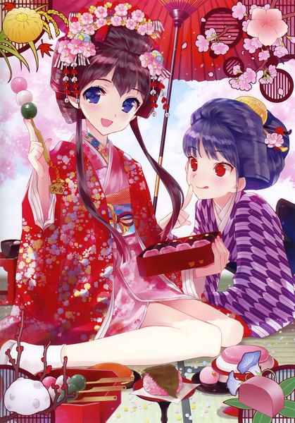 Anime picture 3218x4602 with original eshi 100-nin ten kasukabe akira long hair tall image blush highres open mouth blue eyes black hair red eyes multiple girls blue hair absurdres traditional clothes japanese clothes yagasuri girl hair ornament 2 girls