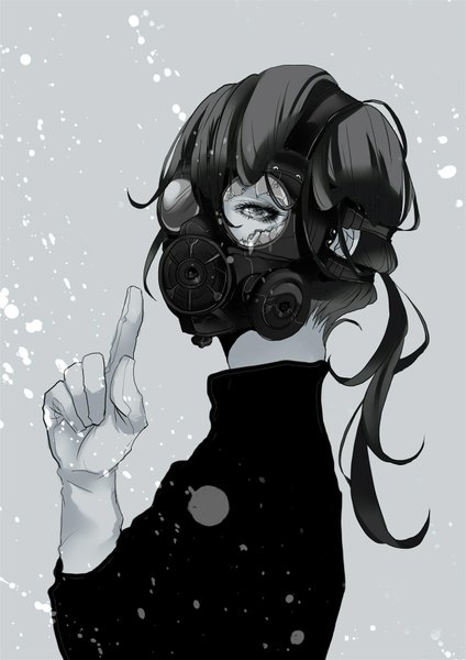 Anime picture 1240x1754 with original hal (suck it) single long hair tall image looking at viewer grey background grey eyes monochrome dark hair girl gloves hand gas mask