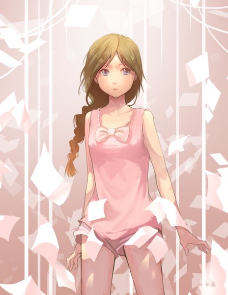 Anime picture 2302x2975 with original exe336 single long hair tall image highres blue eyes brown hair looking away braid (braids) shadow single braid girl bow shorts short shorts tank top