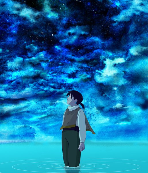 Anime picture 1729x2014 with fantastic children thoma (fantastic children) asahi (pixiv) single tall image highres black hair sky cloud (clouds) tail profile looking up scenic earrings water star (stars) poncho