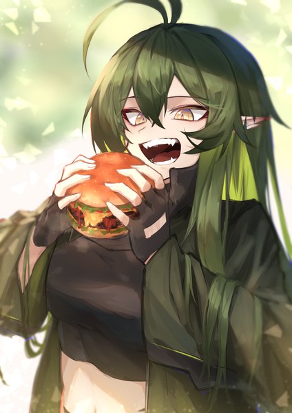 Anime picture 1000x1415 with arknights gavial (arknights) gavial (combat medic) (arknights) ozeu0916 single long hair tall image fringe breasts open mouth hair between eyes holding yellow eyes payot upper body ahoge long sleeves :d green hair pointy ears