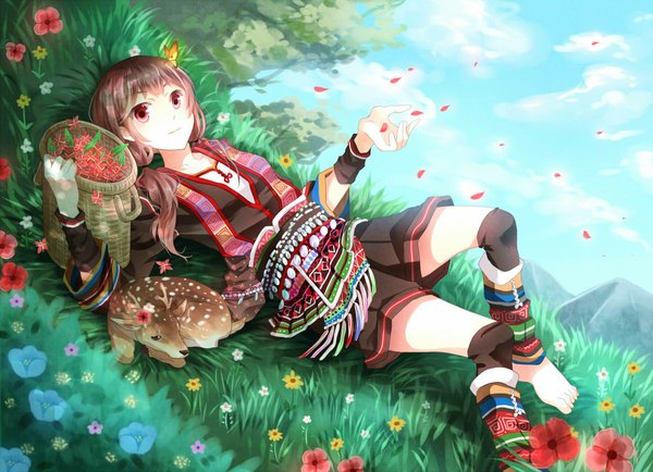 Anime picture 1159x840 with original nekozuki yuki long hair looking at viewer red eyes brown hair lying barefoot girl flower (flowers) plant (plants) animal petals shorts insect butterfly grass