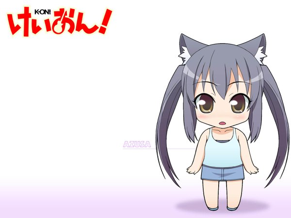 Anime picture 1600x1200 with k-on! kyoto animation nakano azusa kikujin single long hair looking at viewer black hair simple background standing white background twintails brown eyes animal ears full body cat ears copyright name sleeveless character names chibi