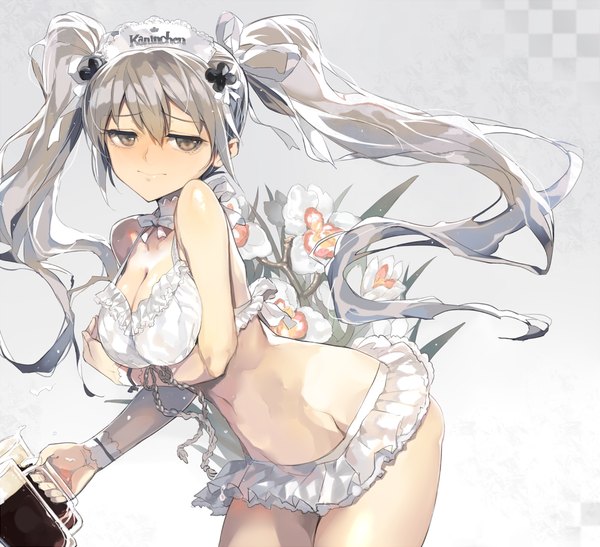 Anime picture 987x900 with original dekappara futoriusu single long hair blush fringe breasts light erotic large breasts twintails bare shoulders holding grey hair grey background bare belly grey eyes leaning leaning forward breast grab girl