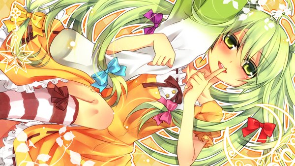 Anime picture 1920x1080 with vocaloid hatsune miku kokuchuutei single long hair blush highres open mouth wide image twintails green eyes green hair finger to mouth girl dress bow hair bow socks pillow striped socks