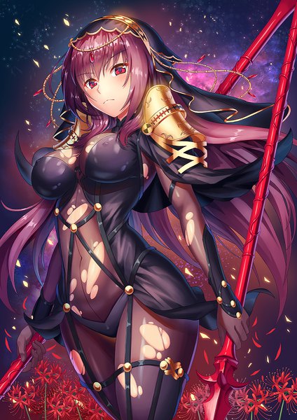 Anime picture 849x1200 with fate (series) fate/grand order scathach (fate) (all) tako seijin (takos000) single long hair tall image looking at viewer blush fringe breasts light erotic hair between eyes red eyes standing holding payot purple hair wind torn clothes