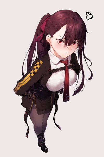 Anime-Bild 1000x1500 mit girls frontline wa2000 (girls frontline) hplay (kyoshinou) single long hair tall image looking at viewer blush fringe simple background hair between eyes red eyes standing purple hair full body braid (braids) from above grey background one side up angry