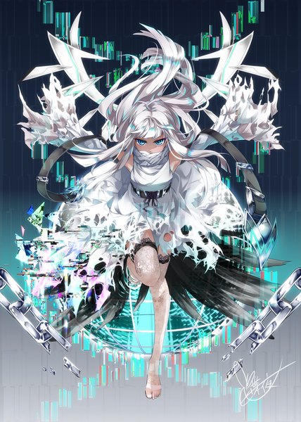 Anime picture 739x1035 with original tyouya single long hair tall image looking at viewer fringe blue eyes bare shoulders signed bent knee (knees) white hair blunt bangs wide sleeves no shoes zettai ryouiki gradient background floating hair torn clothes spread arms