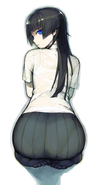 Anime picture 668x1266 with phenomeno mitsurugi yoishi namaniku atk single long hair tall image looking at viewer highres blue eyes light erotic black hair white background sitting ass looking back shadow short sleeves girl shirt pantyhose