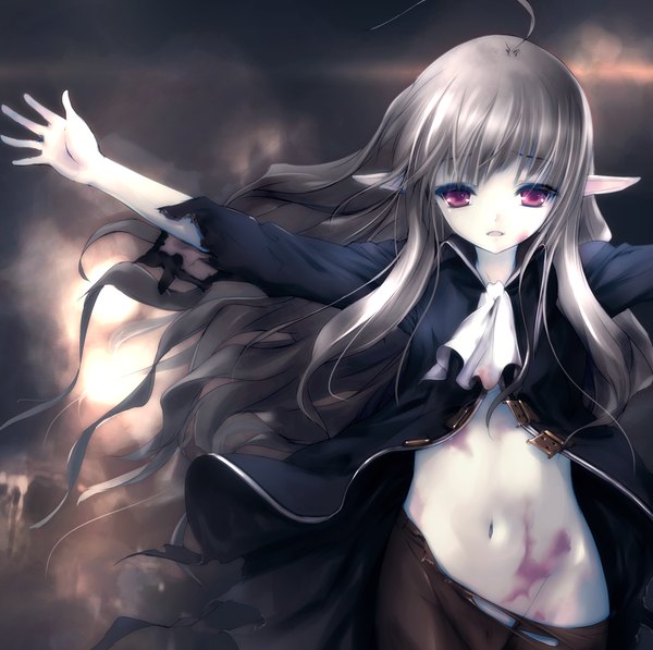 Anime picture 1200x1195 with original hitomaru single long hair open mouth light erotic red eyes pointy ears grey hair bare belly torn clothes spread arms elf pale skin injury empty eyes bruise girl navel