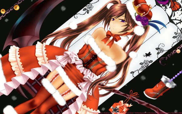 Anime picture 2560x1600 with pandora hearts xebec long hair highres wide image twintails fur trim christmas thighhighs fur santa claus costume