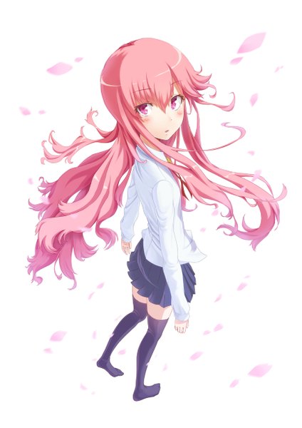Anime picture 868x1228 with zero no tsukaima j.c. staff louise francoise le blanc de la valliere endou masashou single long hair tall image looking at viewer blush fringe open mouth simple background standing pink hair bent knee (knees) very long hair pleated skirt pink eyes from above no shoes
