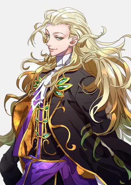 Anime picture 1240x1754 with fate (series) fate/grand order wolfgang amadeus mozart (fate/grand order) tenobe single long hair tall image looking at viewer blonde hair simple background green eyes upper body light smile grey background open jacket boy jacket